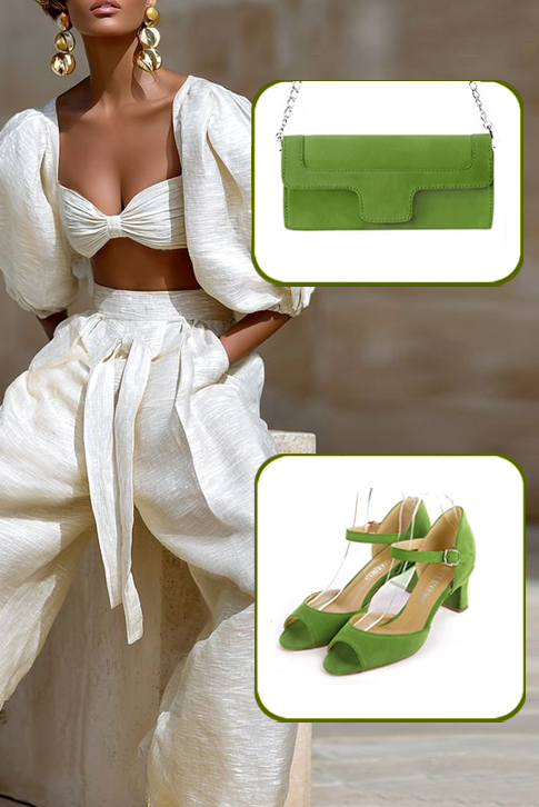 Women's grass green elegant sandals with instep strap. Square toe. Medium spool heels - Worn view
